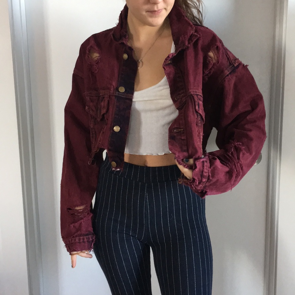 Maroon Denim Cropped Jacket